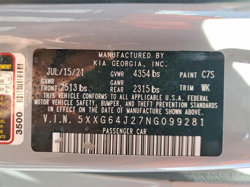 56487146 :رقم المزاد ، 5XXG64J27NG099281 vin ، 2022 Kia K5 مزاد بيع
