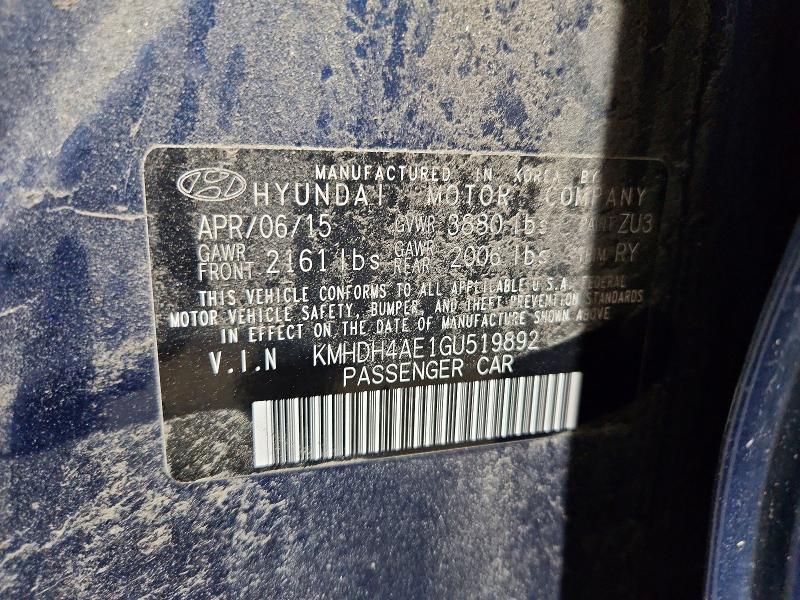 Продажа на аукционе авто 2016 Hyundai Elantra, vin: KMHDH4AE1GU519892, номер лота: 56646786