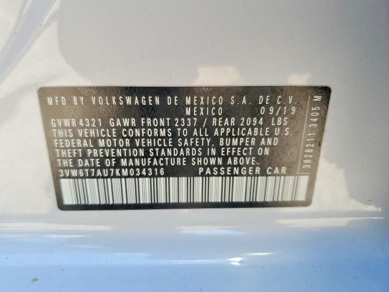 2019 Volkswagen Gti მანქანა იყიდება აუქციონზე, vin: 3VW6T7AU7KM034316, აუქციონის ნომერი: 56659846