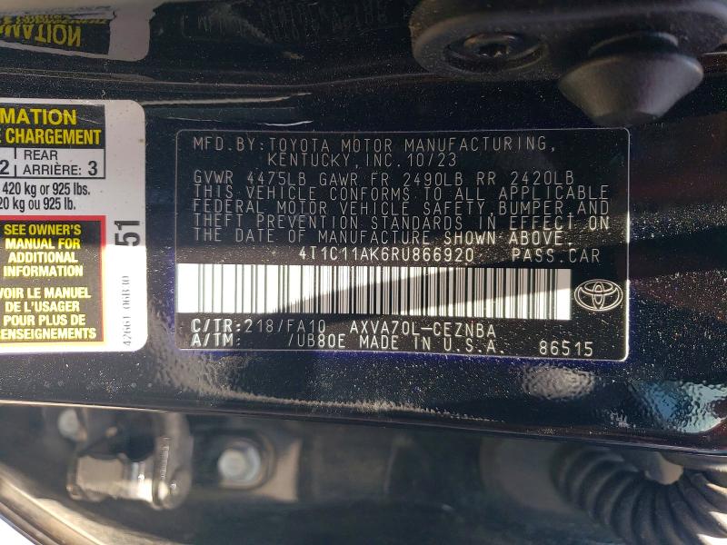 Продаж на аукціоні авто 2024 Toyota Camry, vin: 4T1C11AK6RU866920, номер лоту: 54389826
