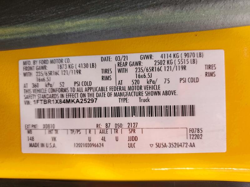 2021 Ford Transit მანქანა იყიდება აუქციონზე, vin: 1FTBR1X84MKA25297, აუქციონის ნომერი: 57374306