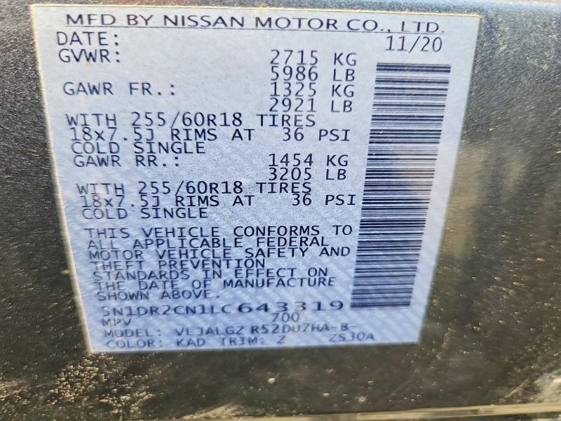 56303266 :رقم المزاد ، 5N1DR2CN1LC643319 vin ، 2020 Nissan Pathfinder مزاد بيع