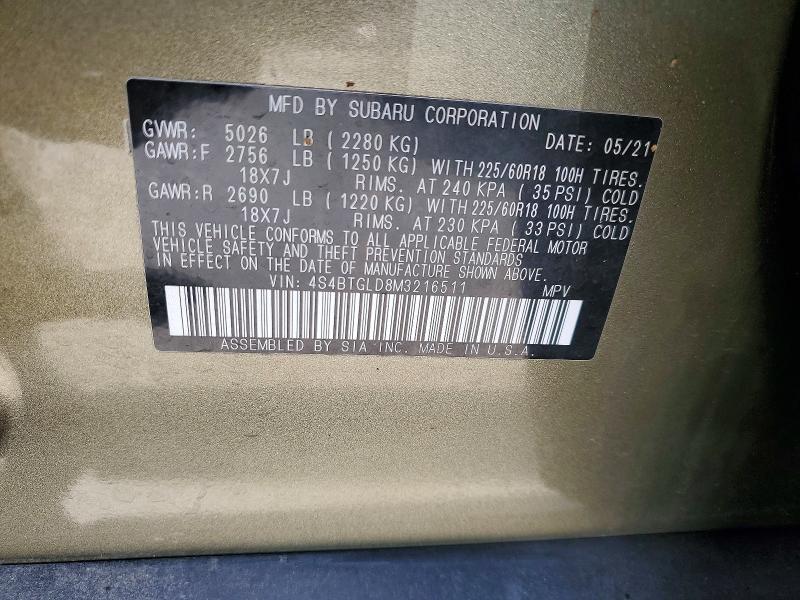 Aukcja sprzedaży 2021 Subaru Outback, vin: 4S4BTGLD8M3216511, numer aukcji: 58732836