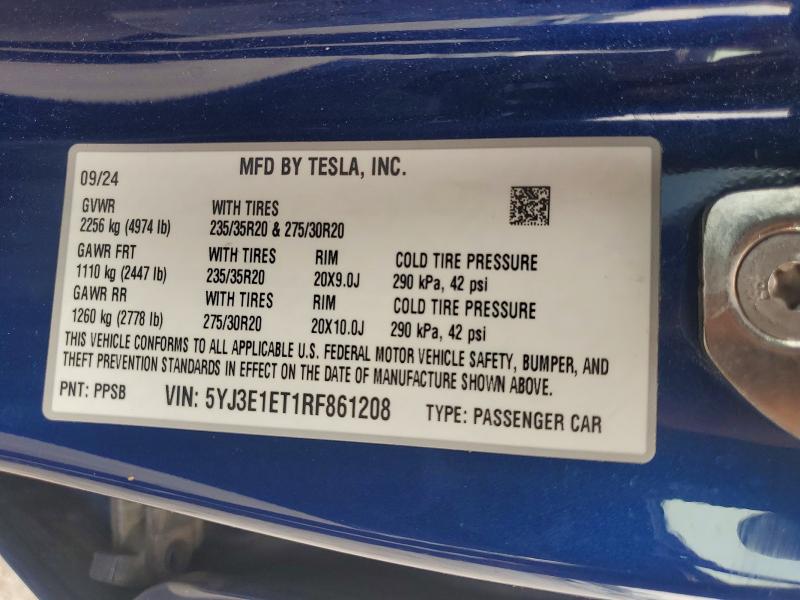 2024 Tesla Model 3 მანქანა იყიდება აუქციონზე, vin: 5YJ3E1ET1RF861208, აუქციონის ნომერი: 56532736