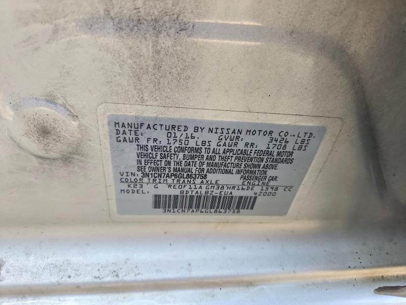 Aukcja sprzedaży 2016 Nissan Versa, vin: 3N1CN7AP6GL863758, numer aukcji: 58843486