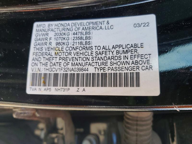 2022 Honda Accord მანქანა იყიდება აუქციონზე, vin: 1HGCV1F32NA039844, აუქციონის ნომერი: 58363276