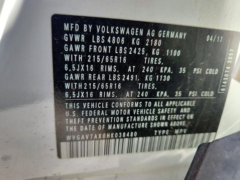 Продажа на аукционе авто 2017 Volkswagen Tiguan, vin: WVGAV7AX0HK038480, номер лота: 56550166
