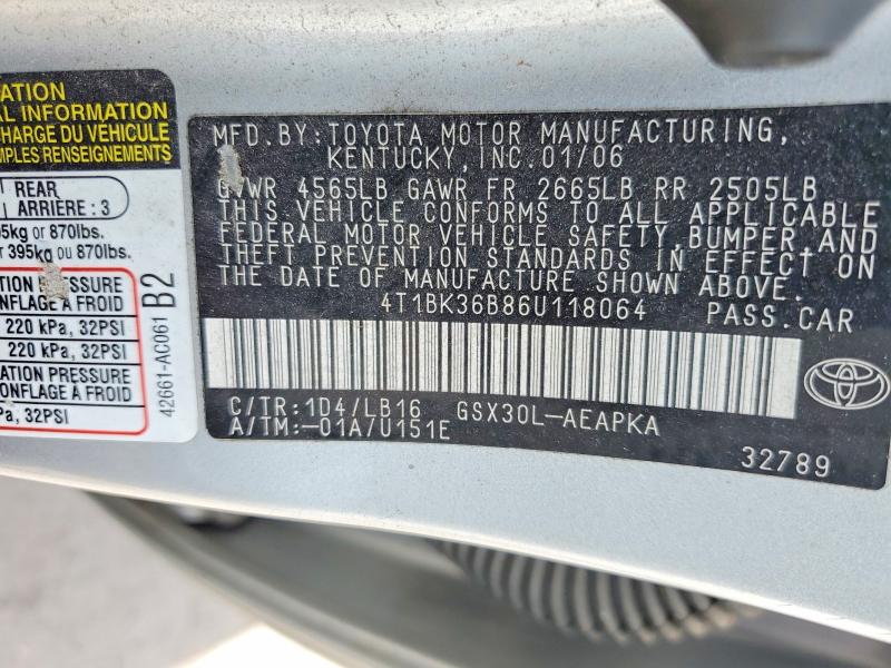 Auction sale of the 2006 Toyota Avalon, vin: 4T1BK36B86U118064, lot number: 55304506