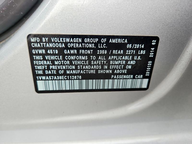 58001306 :رقم المزاد ، 1VWAS7A38EC112676 vin ، 2014 Volkswagen Passat مزاد بيع