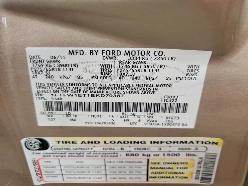 Aukcja sprzedaży 2011 Ford F150, vin: 1FTFW1ET1BKD79387, numer aukcji: 55957116