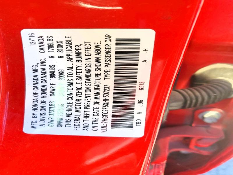 2017 Honda Civic მანქანა იყიდება აუქციონზე, vin: 2HGFC2F5XHH507237, აუქციონის ნომერი: 58471346