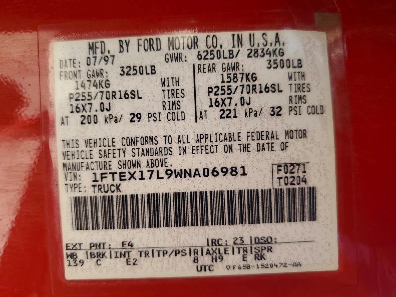 1998 Ford F150 მანქანა იყიდება აუქციონზე, vin: 1FTEX17L9WNA06981, აუქციონის ნომერი: 57079906