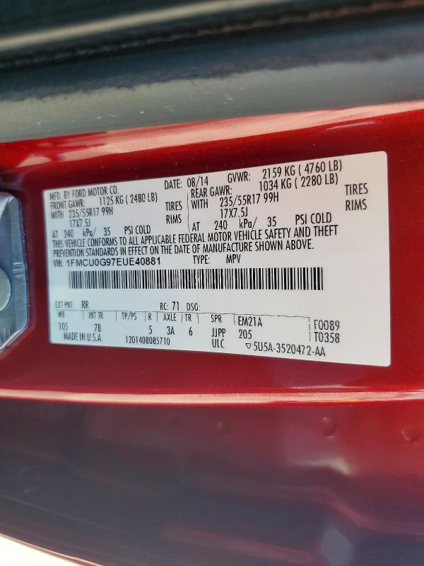 2014 Ford Escape მანქანა იყიდება აუქციონზე, vin: 1FMCU0G97EUE40881, აუქციონის ნომერი: 56814246