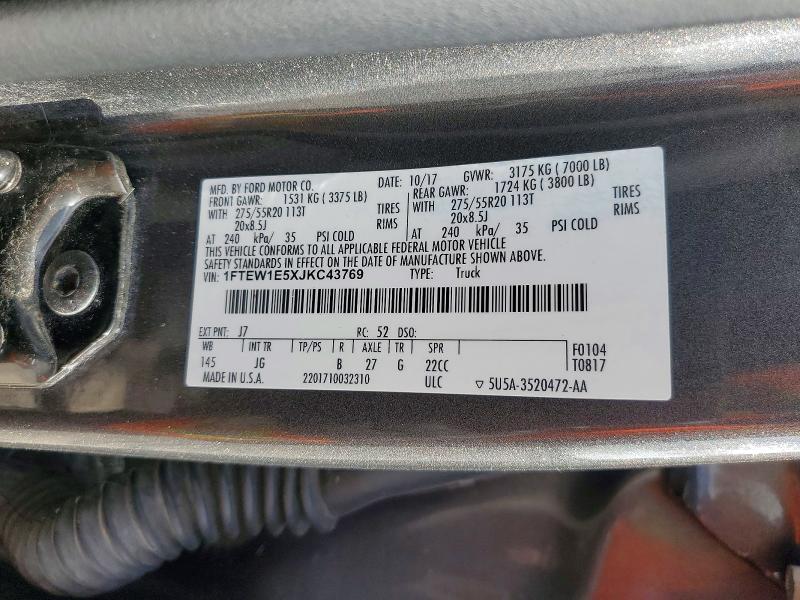 2018 Ford F150 მანქანა იყიდება აუქციონზე, vin: 1FTEW1E5XJKC43769, აუქციონის ნომერი: 56248386