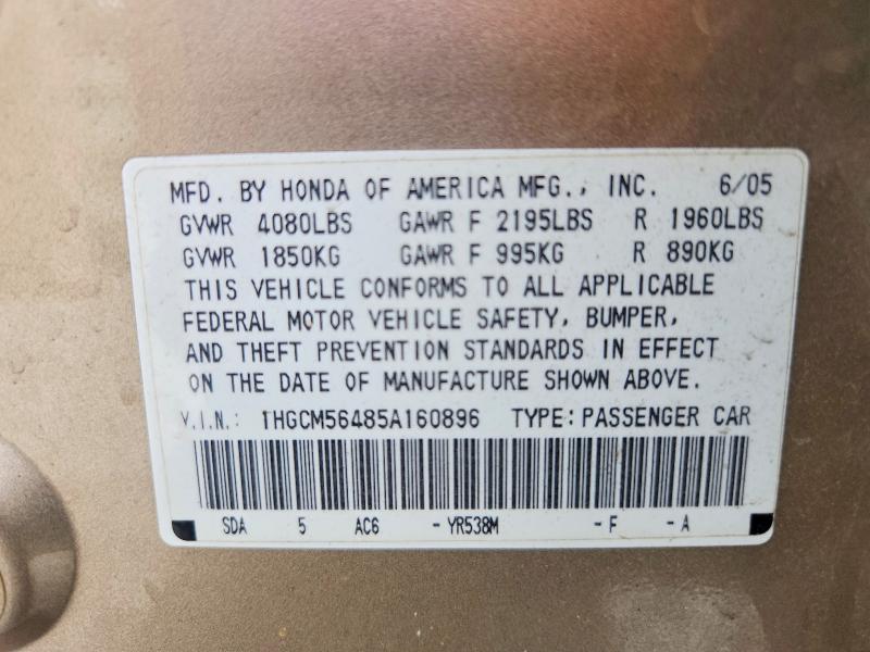 Aukcja sprzedaży 2005 Honda Accord, vin: 1HGCM56485A160896, numer aukcji: 55524526