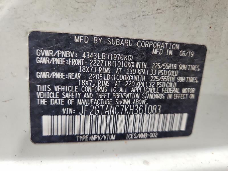 2019 Subaru Crosstrek მანქანა იყიდება აუქციონზე, vin: JF2GTANC7KH361083, აუქციონის ნომერი: 57500446