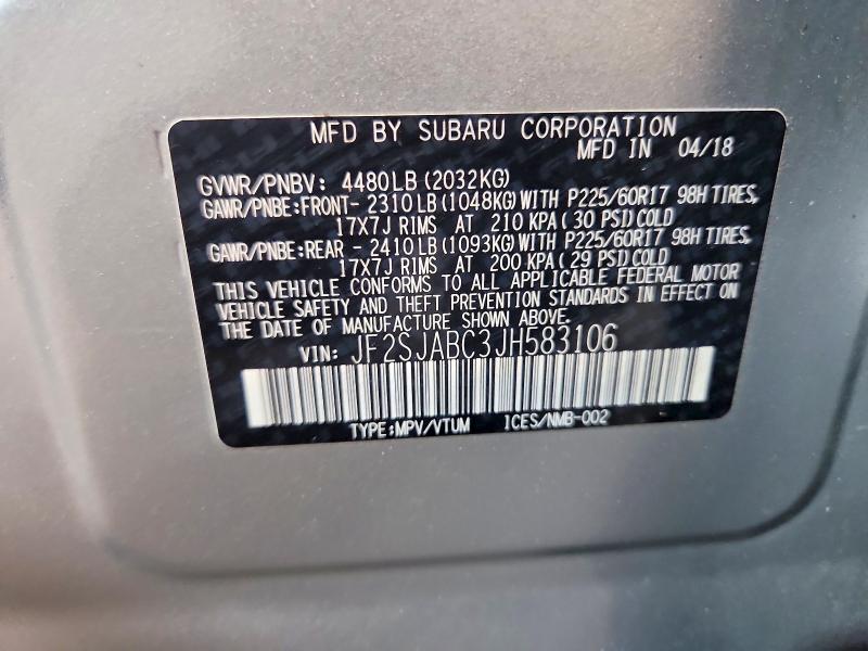 2018 Subaru Forester მანქანა იყიდება აუქციონზე, vin: JF2SJABC3JH583106, აუქციონის ნომერი: 56310016