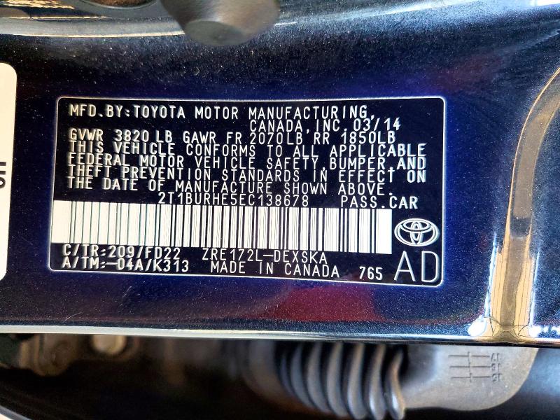 Aukcja sprzedaży 2014 Toyota Corolla, vin: 2T1BURHE5EC138678, numer aukcji: 58245666