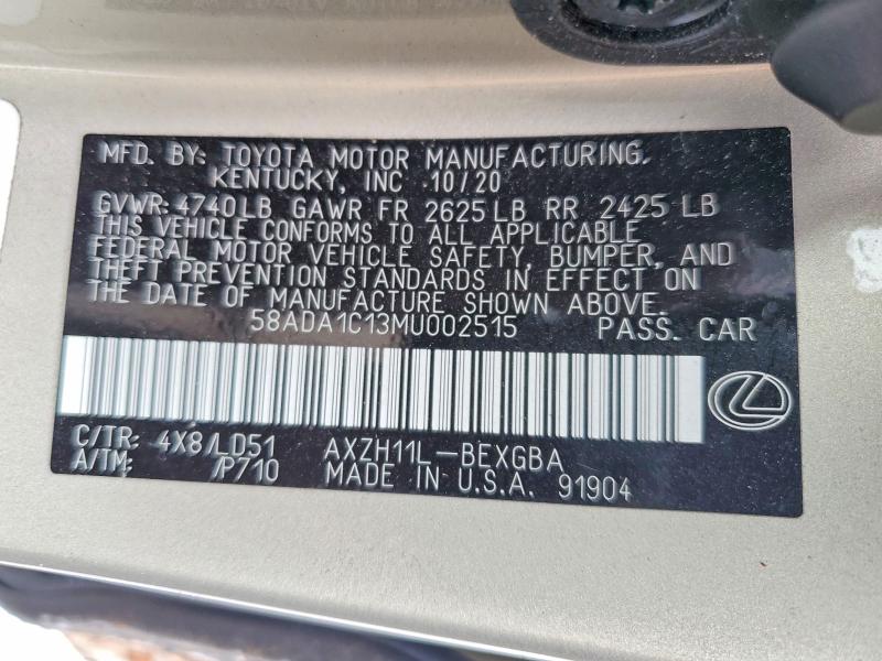 Aukcja sprzedaży 2021 Lexus Es, vin: 58ADA1C13MU002515, numer aukcji: 56677616