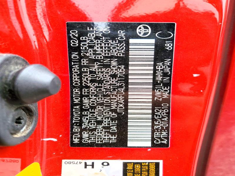 85986465 :رقم المزاد ، JTDKARFU4L3117054 vin ، 2020 Toyota Prius مزاد بيع