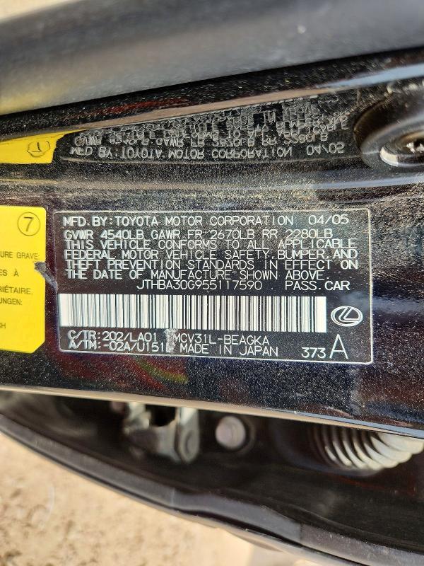 2005 Lexus Es მანქანა იყიდება აუქციონზე, vin: JTHBA30G955117590, აუქციონის ნომერი: 57670256