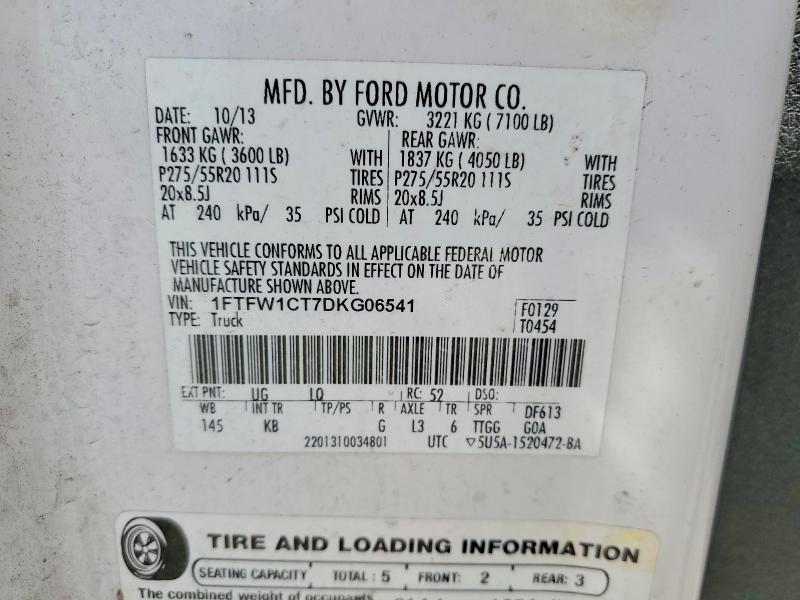 2013 Ford F150 მანქანა იყიდება აუქციონზე, vin: 1FTFW1CT7DKG06541, აუქციონის ნომერი: 55602356