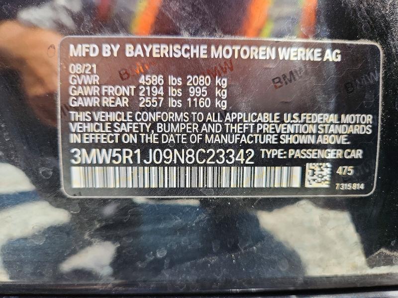 Aukcja sprzedaży 2022 Bmw 330i, vin: 3MW5R1J09N8C23342, numer aukcji: 57943616