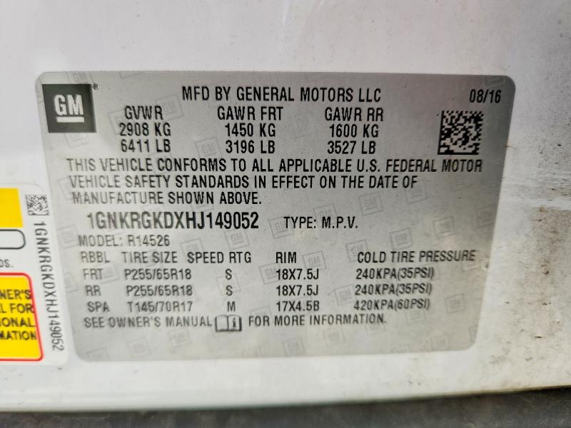 57364296 :رقم المزاد ، 1GNKRGKDXHJ149052 vin ، 2017 Chevrolet Traverse مزاد بيع