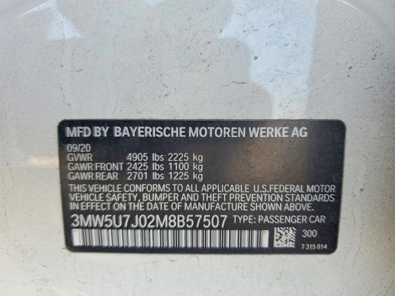 58445656 :رقم المزاد ، 3MW5U7J02M8B57507 vin ، 2021 Bmw M340i مزاد بيع