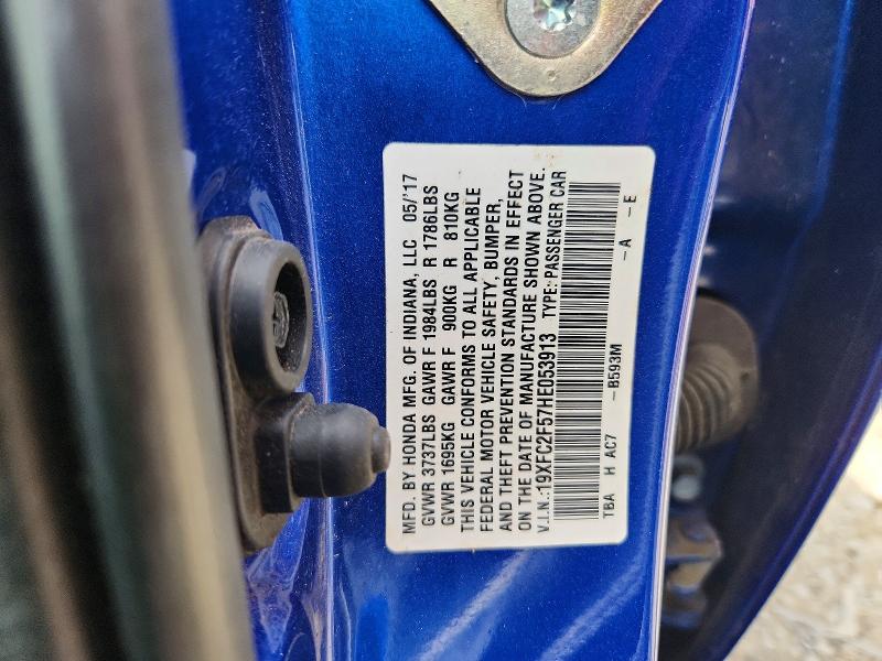 Продаж на аукціоні авто 2017 Honda Civic, vin: 19XFC2F57HE053913, номер лоту: 56628306
