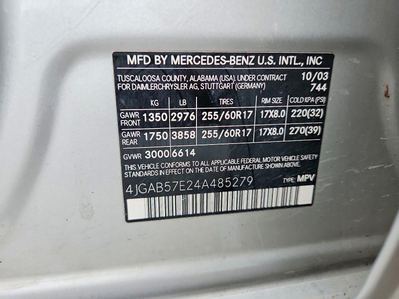 Продаж на аукціоні авто 2004 Mercedes-benz Ml, vin: 4JGAB57E24A485279, номер лоту: 57883436