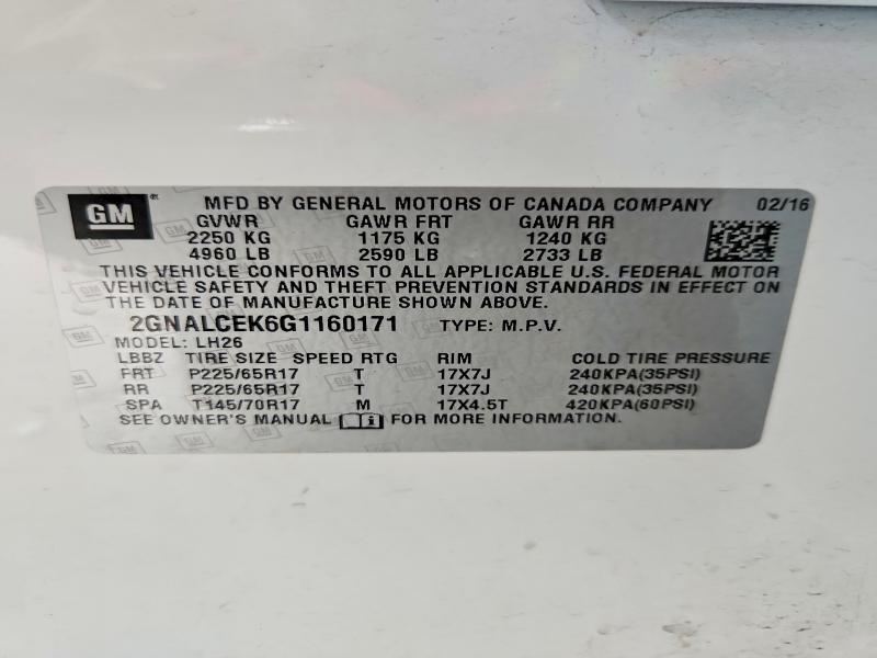 58262776 :رقم المزاد ، 2GNALCEK6G1160171 vin ، 2016 Chevrolet Equinox مزاد بيع