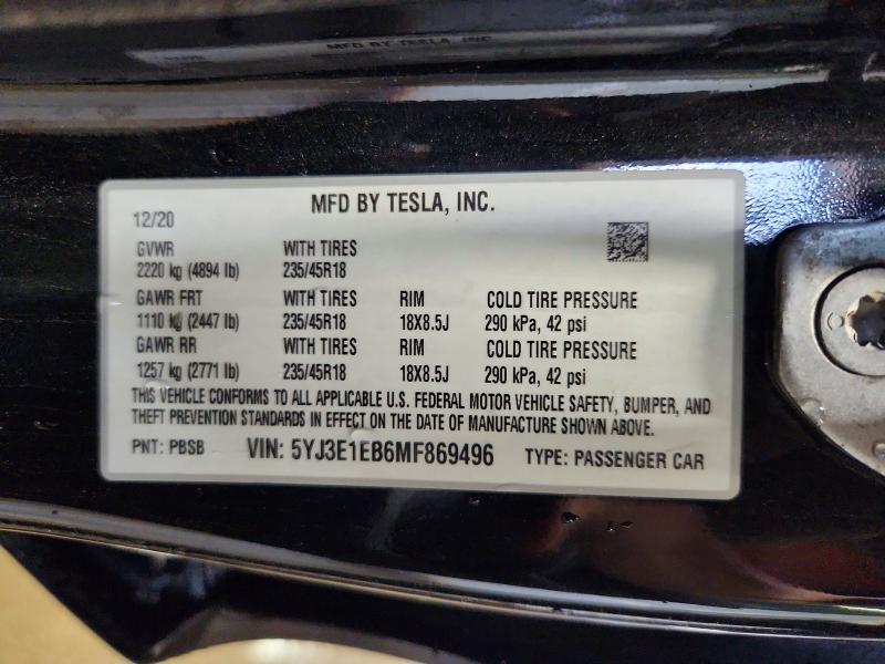 56025466 :رقم المزاد ، 5YJ3E1EB6MF869496 vin ، 2021 Tesla Model 3 مزاد بيع