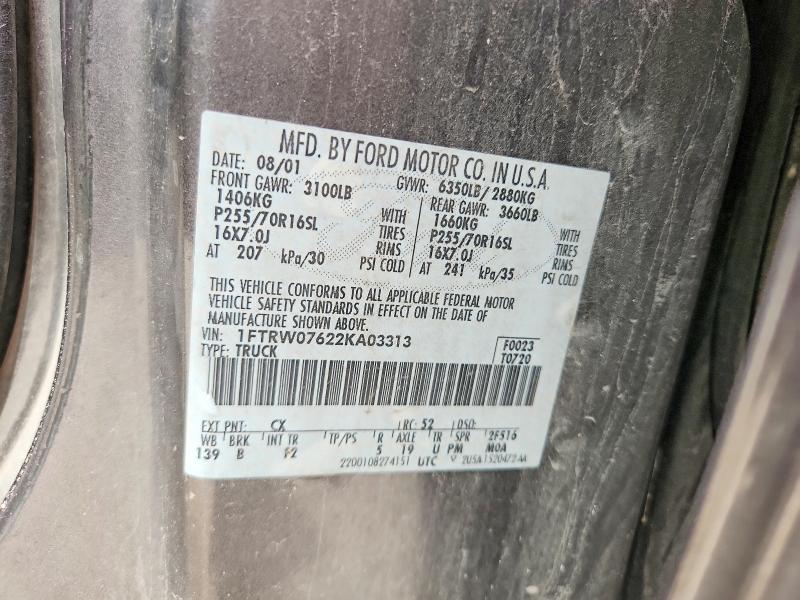 Aukcja sprzedaży 2002 Ford F150, vin: 1FTRW07622KA03313, numer aukcji: 57169066