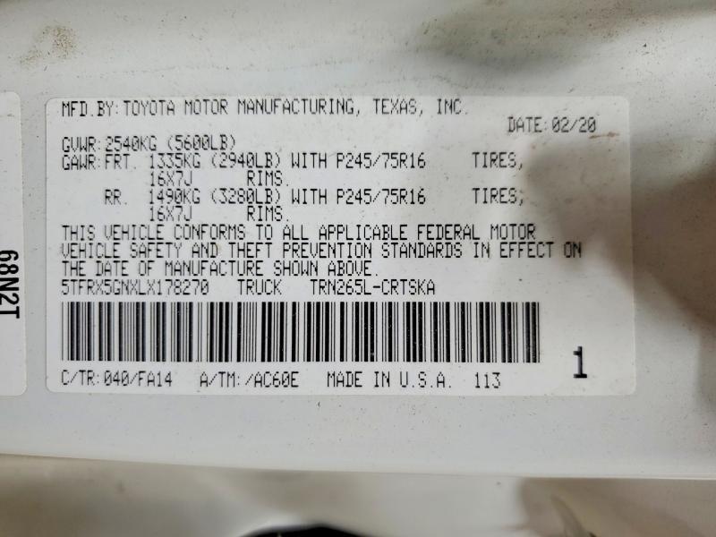 2020 Toyota Tacoma მანქანა იყიდება აუქციონზე, vin: 5TFRX5GNXLX178270, აუქციონის ნომერი: 55957546