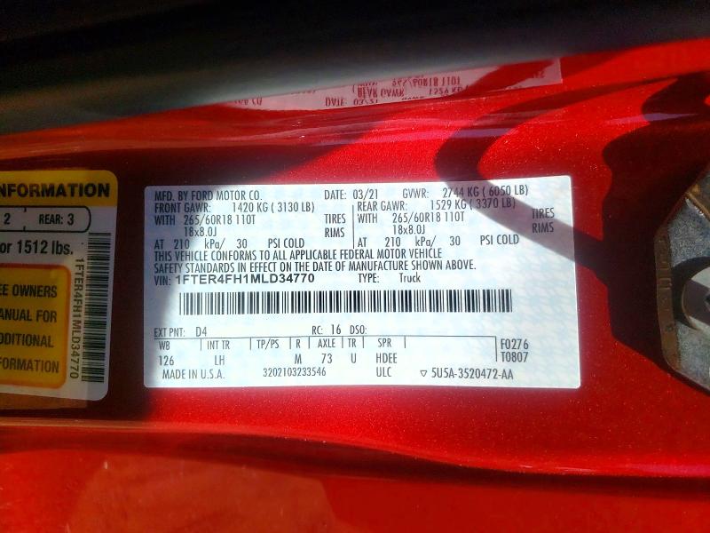 Продаж на аукціоні авто 2021 Ford Ranger, vin: 1FTER4FH1MLD34770, номер лоту: 55115396