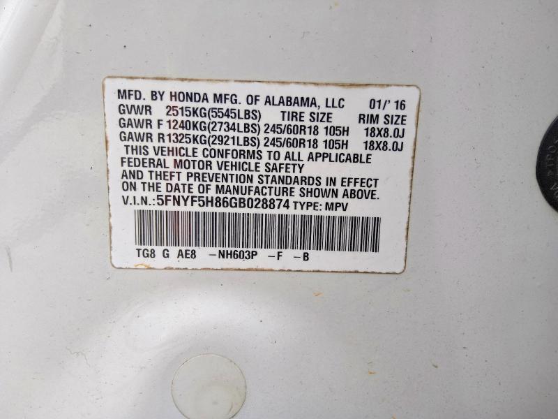 Продаж на аукціоні авто 2016 Honda Pilot, vin: 5FNYF5H86GB028874, номер лоту: 57505956