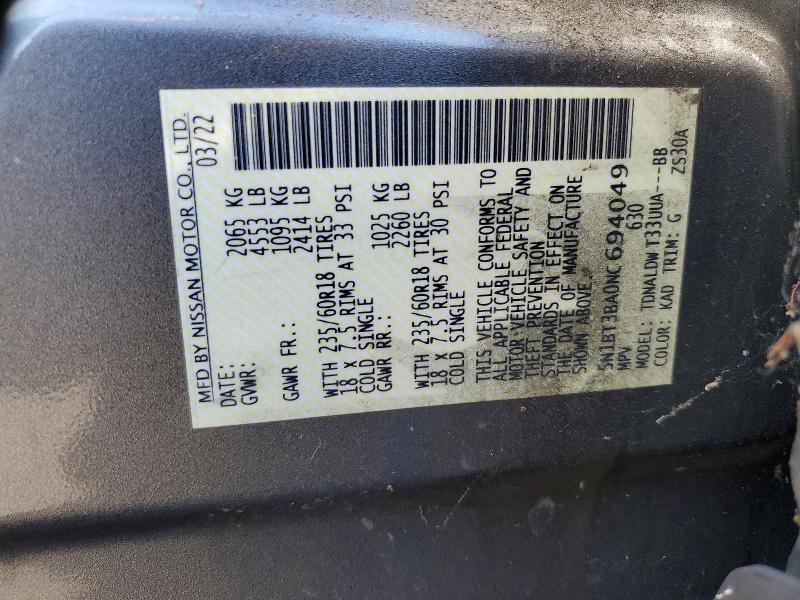 56268076 :رقم المزاد ، 5N1BT3BA0NC694049 vin ، 2022 Nissan Rogue مزاد بيع