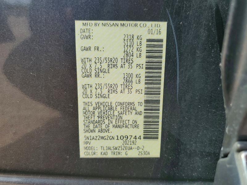 Aukcja sprzedaży 2016 Nissan Murano, vin: 5N1AZ2MG2GN109744, numer aukcji: 54905526