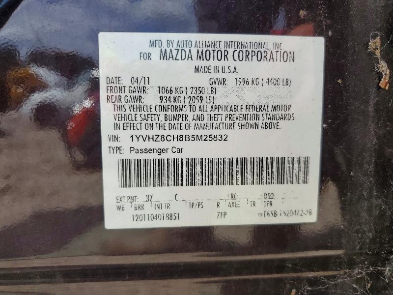2011 Mazd Mazda6 მანქანა იყიდება აუქციონზე, vin: 1YVHZ8CH8B5M25832, აუქციონის ნომერი: 57969516