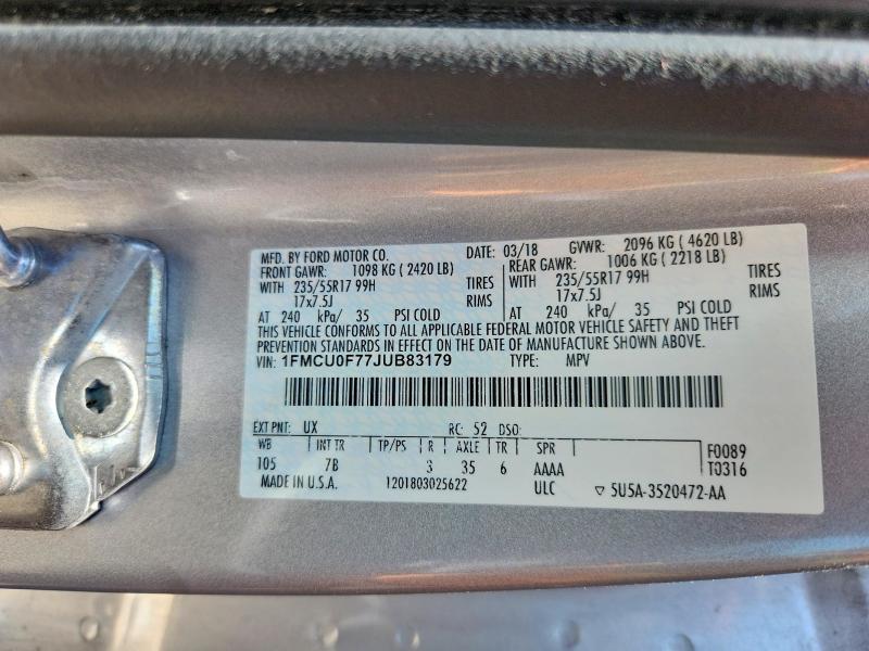 2018 Ford Escape მანქანა იყიდება აუქციონზე, vin: 1FMCU0F77JUB83179, აუქციონის ნომერი: 57726216