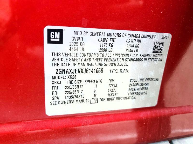 57699506 :رقم المزاد ، 2GNAXJEVXJ6141068 vin ، 2018 Chevrolet Equinox مزاد بيع