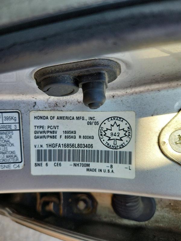 Aukcja sprzedaży 2006 Honda Civic, vin: 1HGFA16856L803406, numer aukcji: 58524696