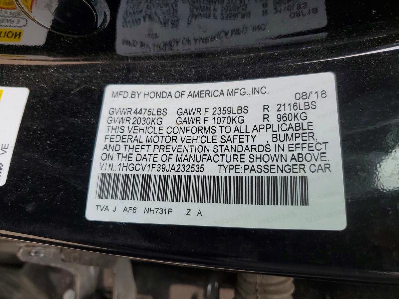 2018 Honda Accord მანქანა იყიდება აუქციონზე, vin: 1HGCV1F39JA232535, აუქციონის ნომერი: 56440516