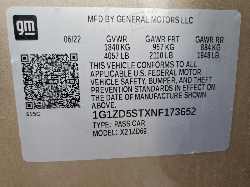 57024396 :رقم المزاد ، 1G1ZD5STXNF173652 vin ، 2022 Chevrolet Malibu مزاد بيع