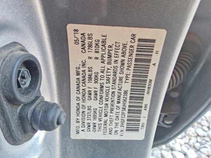 2018 Honda Civic მანქანა იყიდება აუქციონზე, vin: 2HGFC2F58JH562386, აუქციონის ნომერი: 58087636