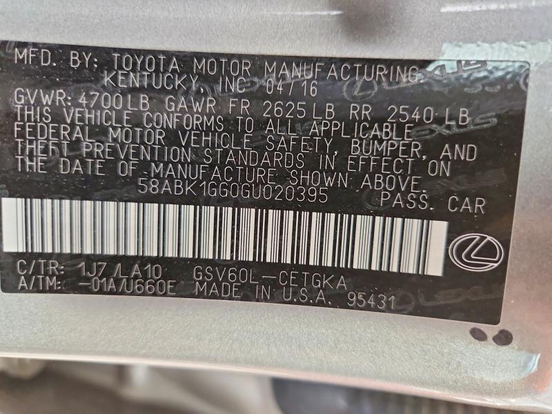 58064586 :رقم المزاد ، 58ABK1GG0GU020395 vin ، 2016 Lexus Es مزاد بيع