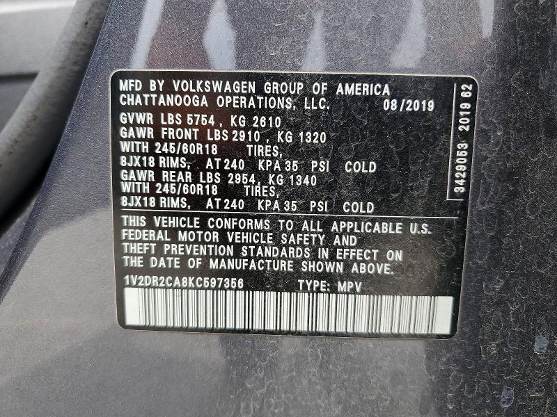 57680646 :رقم المزاد ، 1V2DR2CA8KC597356 vin ، 2019 Volkswagen Atlas مزاد بيع
