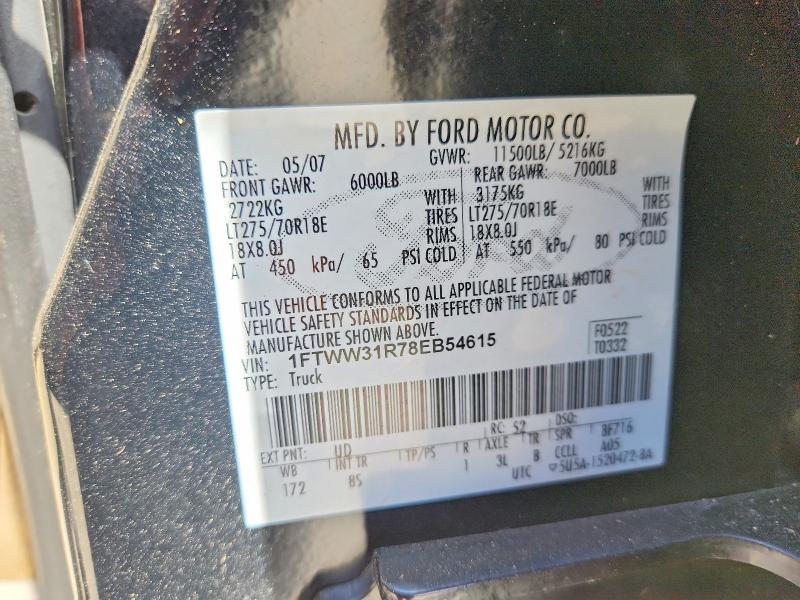55052416 :رقم المزاد ، 1FTWW31R78EB54615 vin ، 2008 Ford F350 مزاد بيع