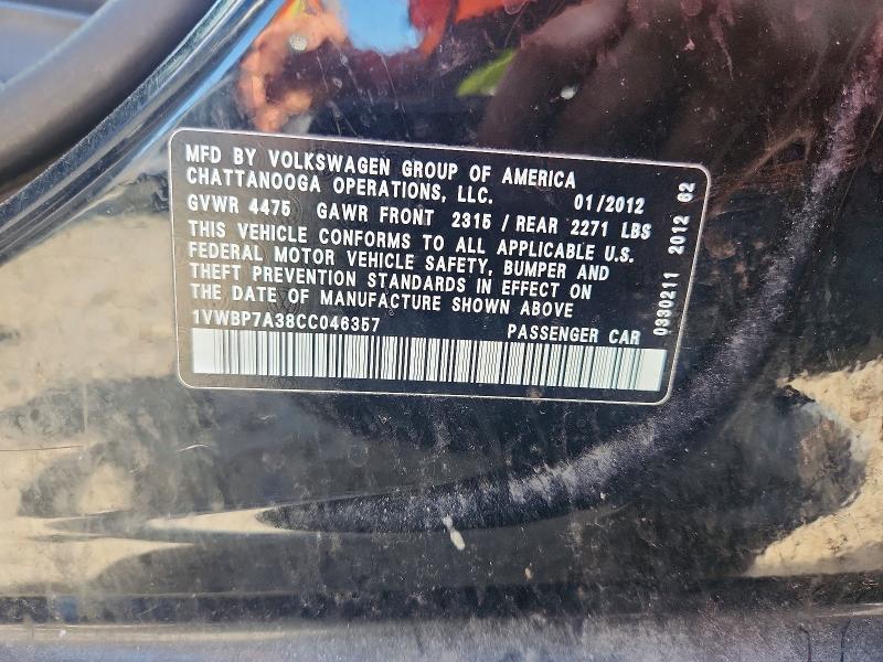 Aukcja sprzedaży 2012 Volkswagen Passat, vin: 1VWBP7A38CC046357, numer aukcji: 57446646